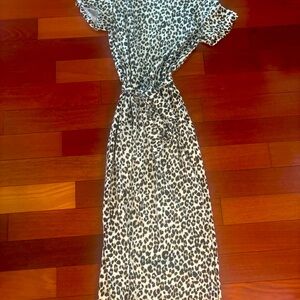 Long cheetah print straight cut dress with tie sash.